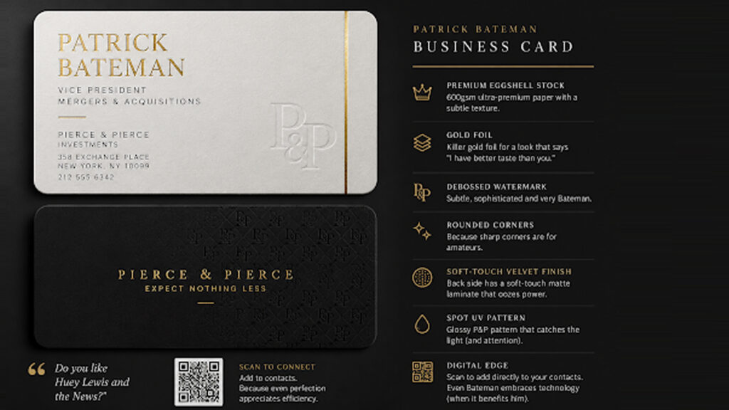 Premium business card concept with black and white stock, gold foil accents, embossed details, spot UV finish, QR code, and minimalist luxury branding inspired by Patrick Bateman.