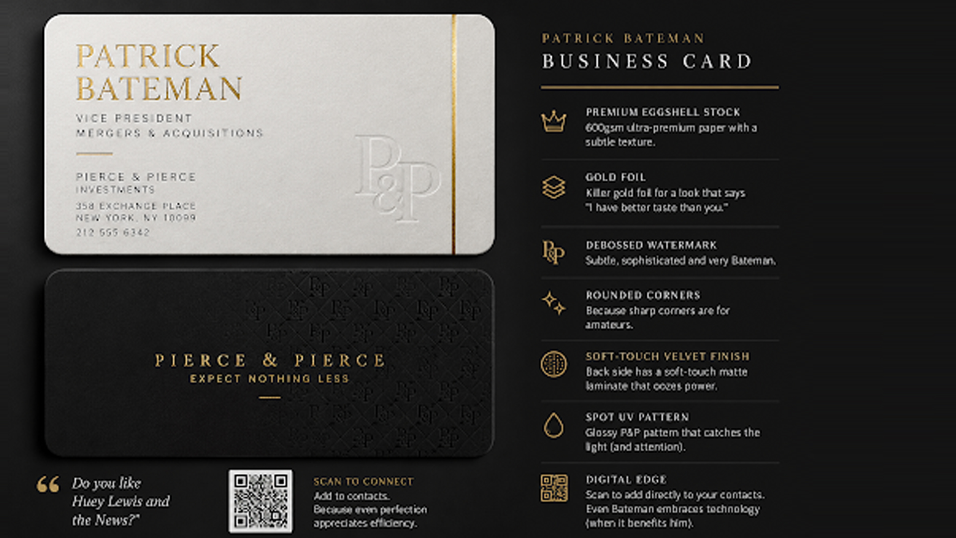 Premium business card concept with black and white stock, gold foil accents, embossed details, spot UV finish, QR code, and minimalist luxury branding inspired by Patrick Bateman.
